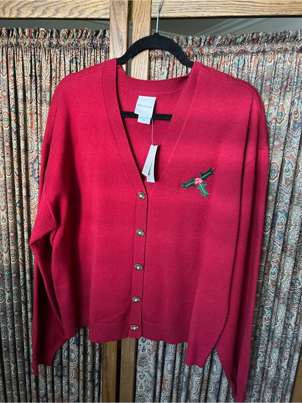 Her Universe Red V-Neck Cardigan with Embroidered Holly
